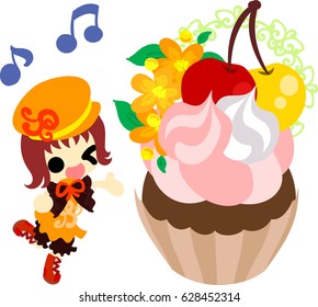 A cute little girl and a chocolate cake of cherry