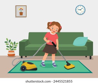 Cute little girl cleaning carpet with vacuum cleaner at the living room