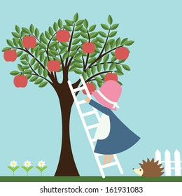 Cute little girl climbs the ladder to pluck an apple and treat the hedgehog. Vector illustration.