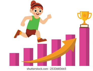 cute little girl climbs the ladder to reach the goal of success trophy that is at the top.