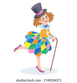 Cute little girl in a clown costume. For a school party. In cartoon style. Isolated on white background. Vector flat illustration.