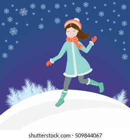 Cute little girl in a coat and hat runs through the snow on a winter background with snowflakes. Vector illustration