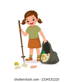 cute little girl collecting plastic bottles and papers waste with litter picker stick put  into garbage bag for recycling to save protect environment 