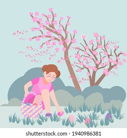 Cute little girl collects Easter eggs in a basket in a blooming garden.  a girl is looking for Easter eggs in a spring park. Vector illustration in a flat cartoon style. Easter characters.