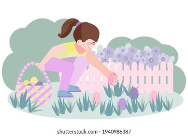 Cute little girl collects Easter eggs in a basket in the garden.  girl is looking for Easter  eggs in the park. Vector illustration in a flat cartoon style. Easter characters. 