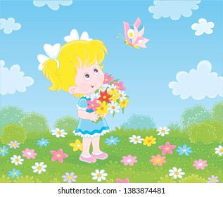 Cute little girl with a colorful bouquet of wildflowers looking at a butterfly flittering over a green field on a sunny summer day, vector illustration in a cartoon style