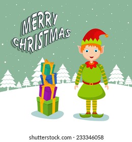 Cute little girl with colorful gift boxes and stylish text on snow covered winter background for Merry Christmas celebrations.