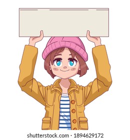 cute little girl comic manga wearing hat lifting protest banner vector illustration design