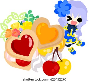 A cute little girl and cookie sandwiches of cherry