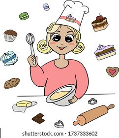 Cute little girl cooking a dessert. Hand drawn colorful vector of a girl cook with a whisk in hands preparing dessert, rolling pin, cakes, macaroons, cookies, cupcakes. Isolated on white background.