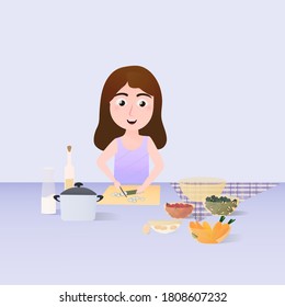 Cute little girl cooking dinner, veh=getables on the table, cutting cucmber, violet background