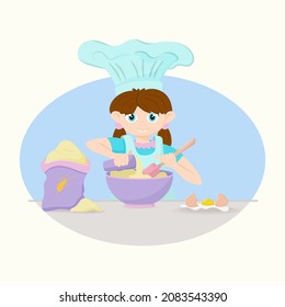 Cute little girl cooking in the kitchen. Kid at home.