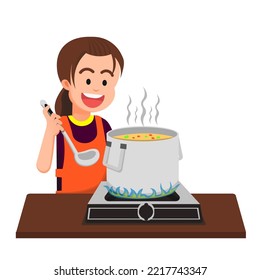 a cute little girl cooks vegetable soup