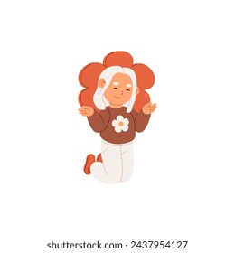 Cute little girl in costume of flower. Happy kid kneeling, sits on floor. Lovely small child in sweater with floral print. Funny baby smiles, spreads hands. Flat isolated vector illustration on white