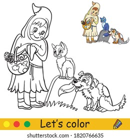 Cute little girl in costume of ghost with cat and dog. Coloring book.Halloween cartoon vector illustration isolated on white background. Coloring book page with an example for coloring