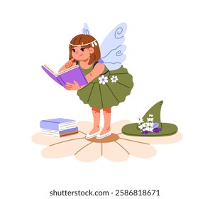 Cute little girl in costume reads fairytale and imagines that she's magic fairy. Happy kid with paper book plays stories. Child has fun by novels, tales. Flat isolated vector illustration on white