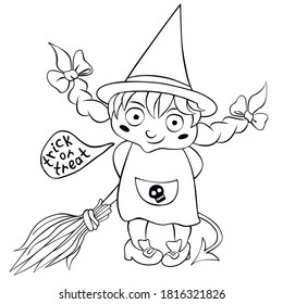 Cute little girl in costume of witch drawn in cartoon doodle style. Vector outline illustration isolated on white background. For coloring book page, halloween design, greeting card