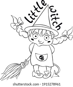 Cute little girl in costume of witch drawn in cartoon doodle style. Vector outline illustration isolated on white background. For coloring book page, halloween design, greeting card