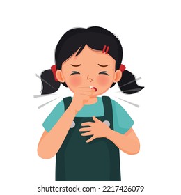 Cute little girl coughing suffering from cold and flu as symptom of allergy or virus infection