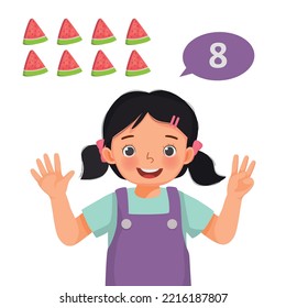 Cute little girl counting with finger showing number eight with hand gesture