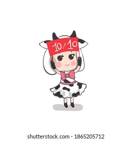 A cute little girl in a cow costume holds a sign. Kawaii cartoon.