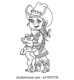 Cute little girl in a cowboy costume playing with a dog outlined isolated on a white background