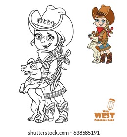 Cute little girl in a cowboy costume playing with a dog coloring page on a white background