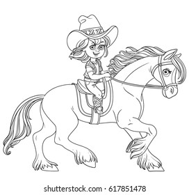 Cute little girl in a cowboy suit riding a horse outlined isolated on a white background