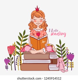 Cute little girl with crown reading a book. Beautiful princess