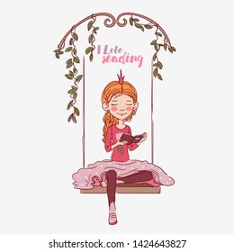 Cute little girl with crown reading a book on swing. Beautiful princess