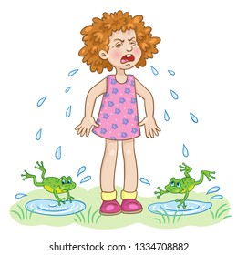 A cute little girl is crying bitterly, and two happy frogs are jumping in a pool of tears. In cartoon style. Isolated on white background. Vector illustration.