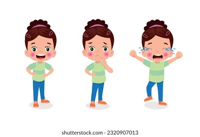 cute little girl crying and crying set. vector illustration in cartoon style