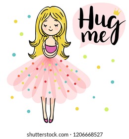 Cute little girl is cuddeling yourself. Hug me text. Vector isolated illustration