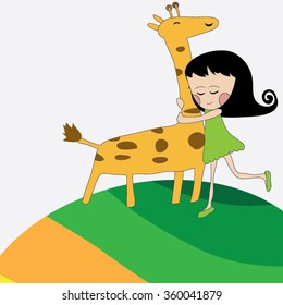 Cute little girl cuddling her giraffe