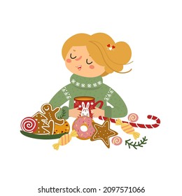 Cute little girl with cup of tea and sweets - gingerbread, donut, candy cane, lollipop, cookie. Happy cartoon kid with hot drink, sweet dessert.  Hand drawn vector illustration isolated on white. 