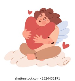 Cupido de menina bonito senta-se em nuvem fofa e gentilmente abraça grande coração. Ilustração vetorial para o dia dos namorados.