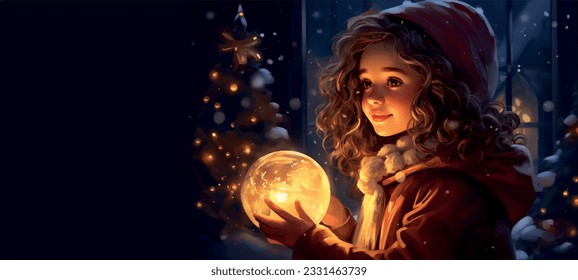 Cute little girl with curly hair is holding moon shaped glowing lamp in her hands, waiting for a Christmas miracle