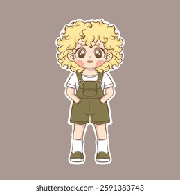 Cute little girl with curly hair in green overalls. Vector illustration.