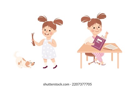 Cute little girl daily routine. Kid walking dog and reading story book cartoon vector illustration