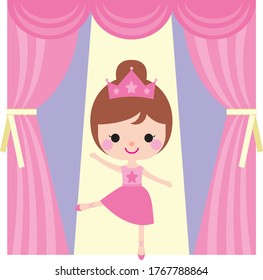 Cute Little Girl Dancing Ballet. Wear Pink Tutu Dress Ballerina. Performance Stage. Beautiful Kid Flat Cartoon Vector Illustration Stock illustration. Ballet Dancer. Brown Hair Bun. Tiara. Crown.