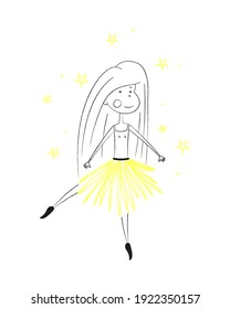 Cute little girl dancing ballet. Linear vector illustration. Minimalism style. Design for a children's card as a gift for a birthday, March 8. Hobbies for teenage girls. Joy and happiness. Ballerina.