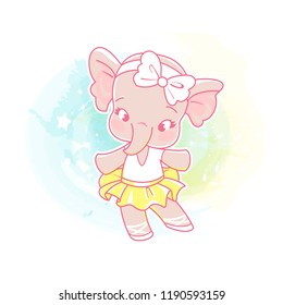 Cute little girl dancing. Choreography class. Little ballerina. Elephant wear bow and tutu skirt. kids club emblem. Funny cartoon character. Vector illustration. Isolated on white background. 
