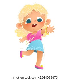 Cute little girl dancing disco, playful happy smiling child character dance move. Kids characters emotions and behaviour cartoon, children playing. Vector illustration, character design for kids.