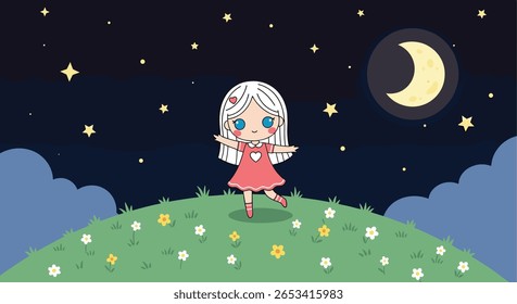 Cute little girl dancing under the starry night sky with a crescent moon