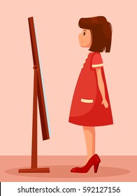 Cute little girl with dark hair in red dress and mother's shoes. She is looking at the mirror. Vector cartoon illustration. Vector cartoon illustration. Character