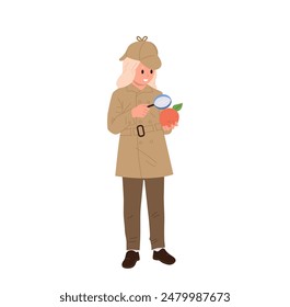 Cute little girl detective cartoon character looking through magnifying glass at fresh natural apple fruit