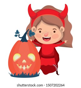 cute little girl with devil costume and pumpkin lamp