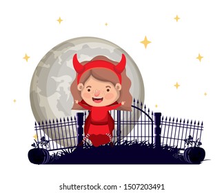 cute little girl with devil costume in cemetery scene