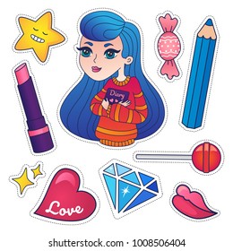 Cute little girl with diary and many other cute colorful things around. Budges and stickers for school. Smiling star shyning diamond, lips and lipstick, candy in package and candy on stick, big pencil