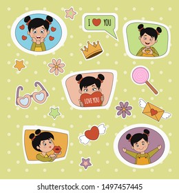 Cute little girl with different emotions. Emoji Stickers Emotions. Vector cartoon illustration can use for kids decor, print, card, sticker kit, online communication, networking, social media chat